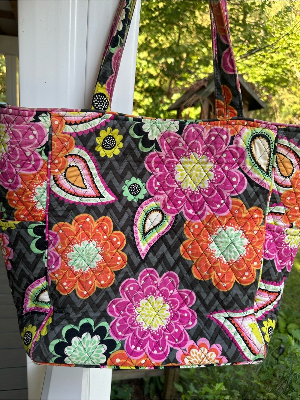 Vera Bradley Retired Ziggy Zinnia Quilted Tote with Pink, Orange & Yellow - Picture 3 of 7